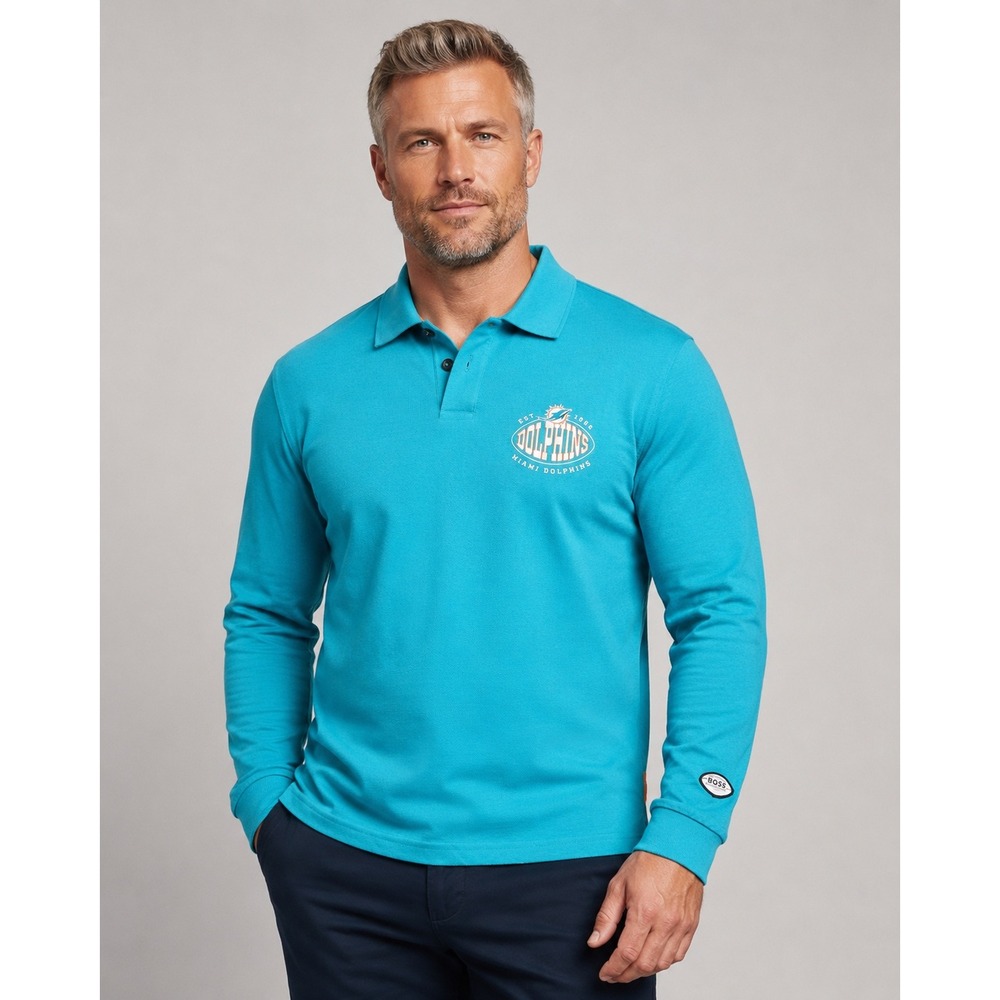 Hugo Boss x NFL Miami Dolphins Long Sleeve Polo Shirt Aqua Teal Mens XL NEW